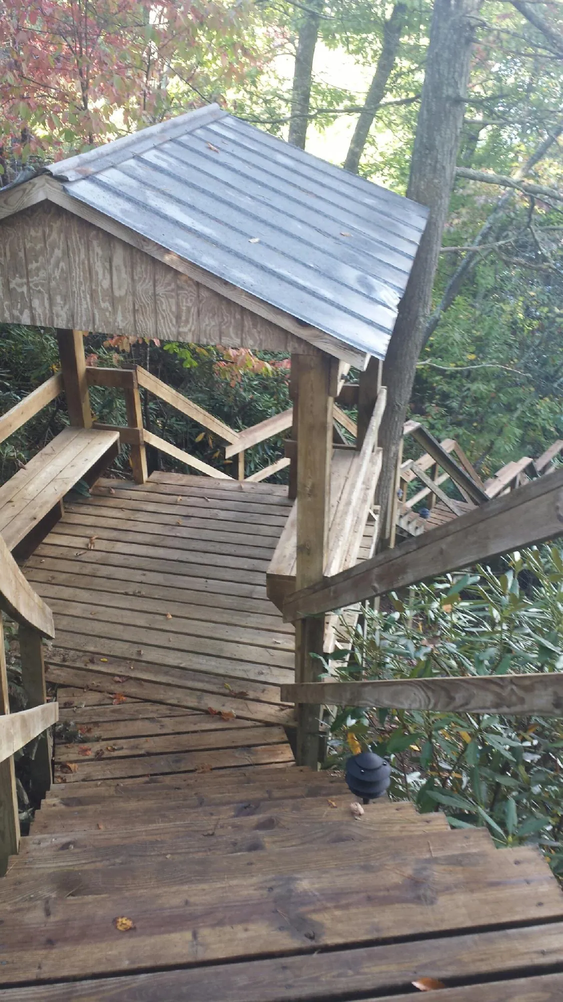 Metal roofed shelter over wooden steps on a wooded walkway — Skylight Repair & Installation work by our crew in Nemaha
